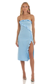 Satin Strapless Midi Dress in Blue