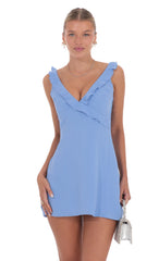 Ruffle V-Neck Dress in Light Blue