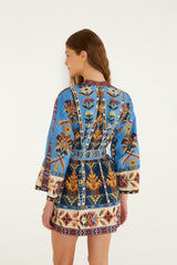 Blue Embroidered Tapestry Mini Dress