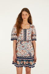 Pink Floral Delhi Tapestry Scallop Cut-Out Mini Dress