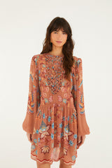 Mocha Boho Enhance Lace Long Sleeve Mini Dress
