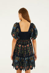 Navy Blue Stitched Garden Organic Cotton Mini Dress