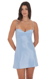 Satin Sweetheart Neck Dress in Light Blue