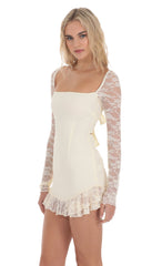 Long Lace Sleeve Ruffle Dress in Cream