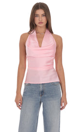 Satin Cowl Neck Top in Pink