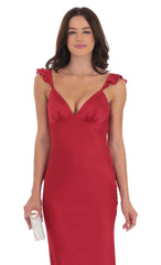 Satin Ruffle Open Maxi Dress in Red