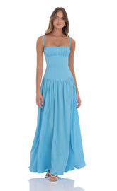 Satin Ruched Bust Maxi Dress in Aqua Blue