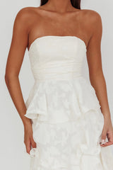Giavana Strapless Layered Midi Dress Floral Embossed Cream