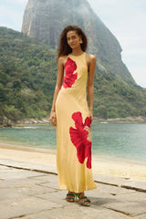 Light Yellow Poppy Flowers Sleeveless Maxi Dress