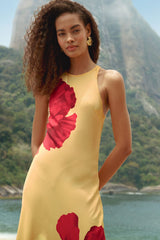 Light Yellow Poppy Flowers Sleeveless Maxi Dress