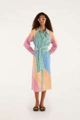 Multicolor Stripes Embroidered Belted Midi Dress
