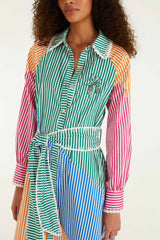 Multicolor Stripes Embroidered Belted Midi Dress