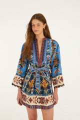 Blue Embroidered Tapestry  Mini Dress