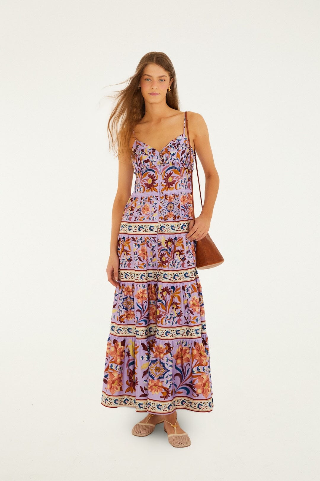 Lilac Flower Tiles Sleeveless Tiered Maxi Dress