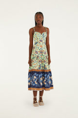 Green Floral Delhi Tapestry Beaded Straps Midi Dress