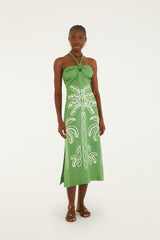 Green Palm Tree Embroidered Halter Neck Midi Dress