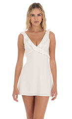 Ruffle V-Neck Dress in White