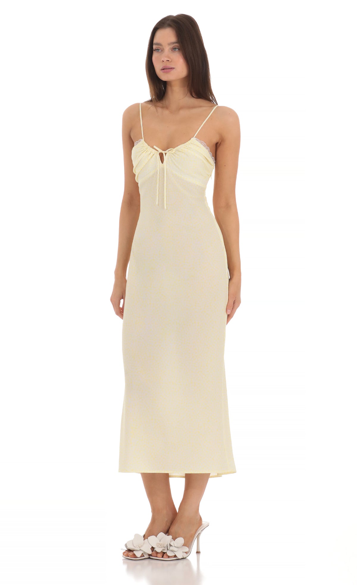 Lace Trim Front Tie Midi Dress in Yellow