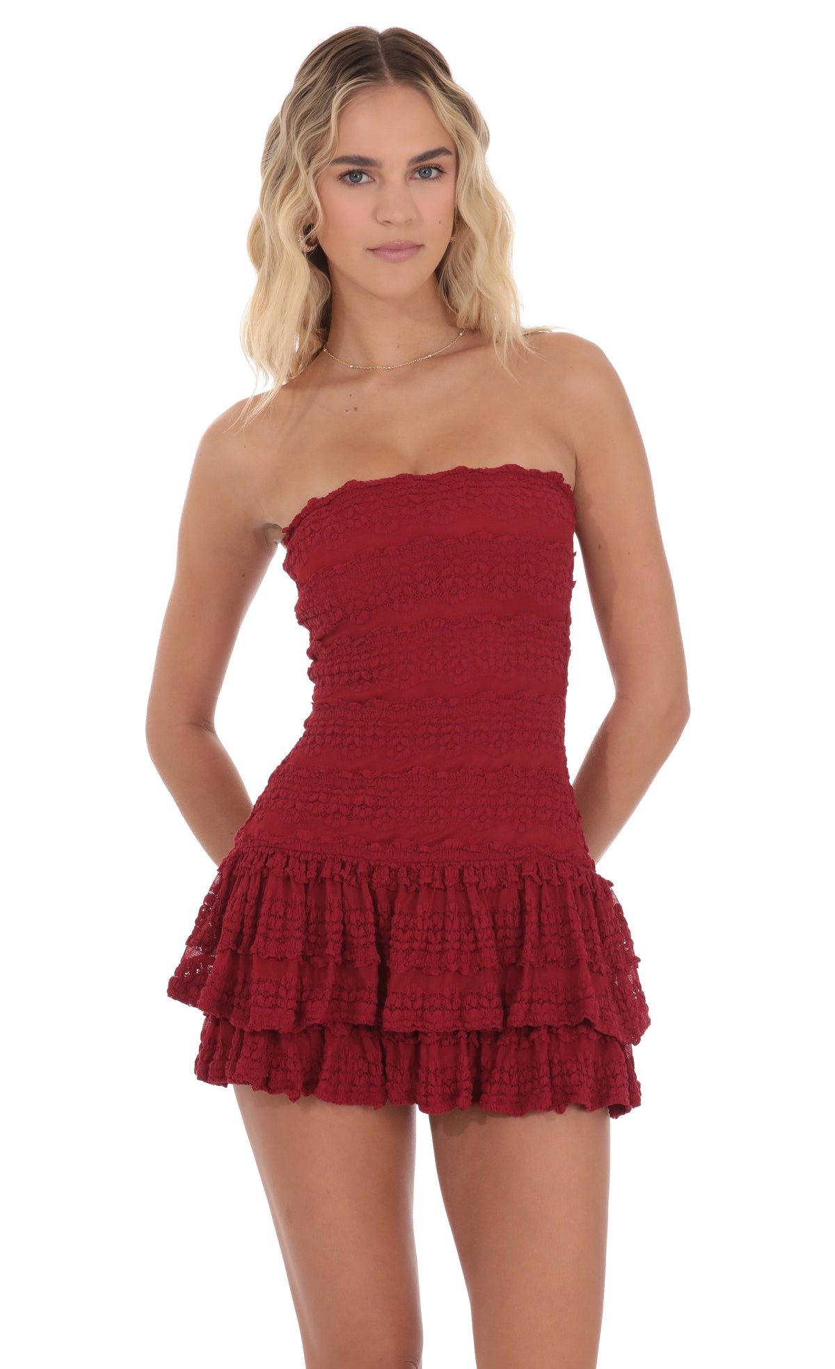 Strapless Lace Ruffle Dress in Red