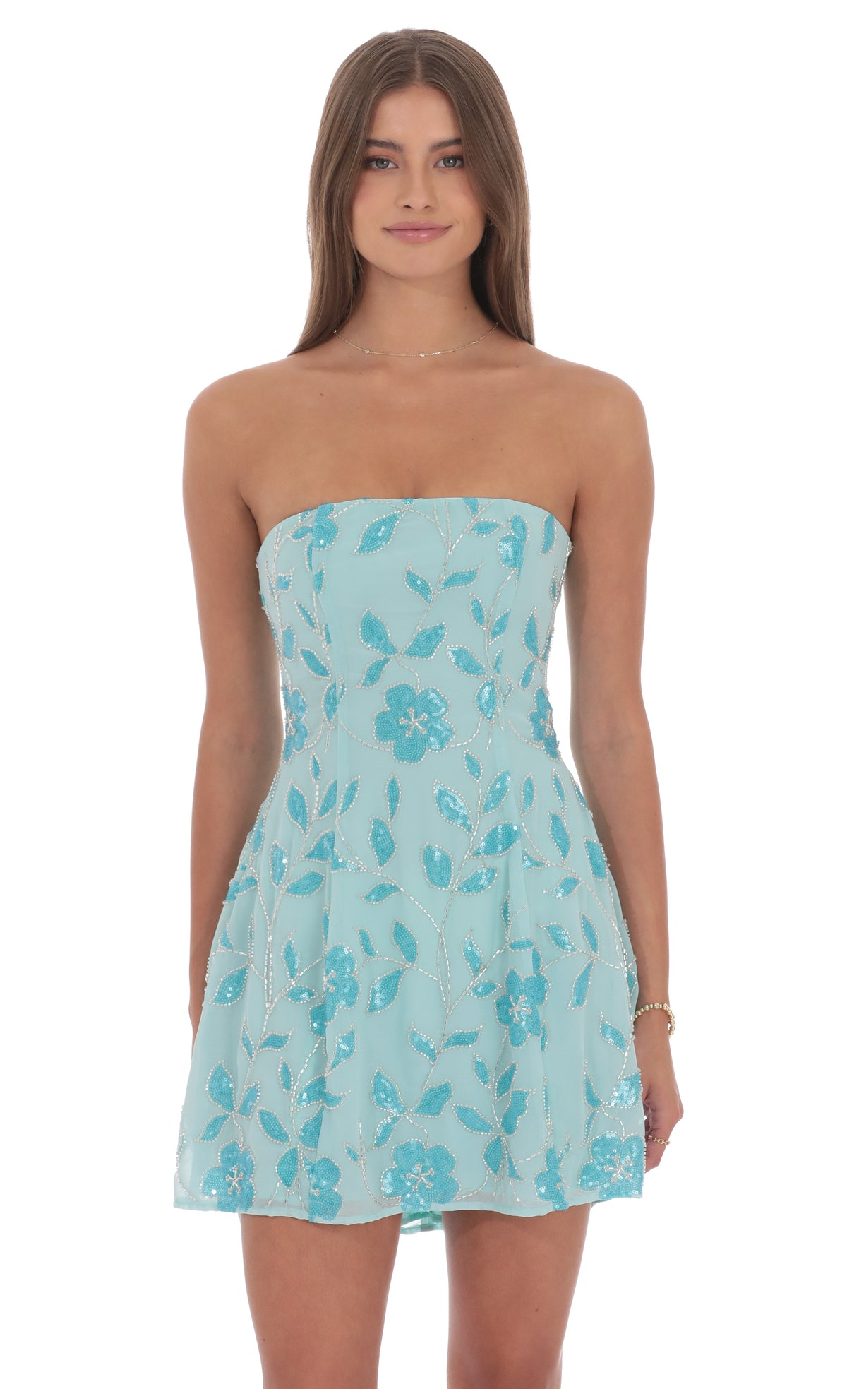 Sequin Beaded Flare Strapless Dress in Blue