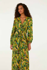 Green Forest Parrots Long Sleeve Midi Dress